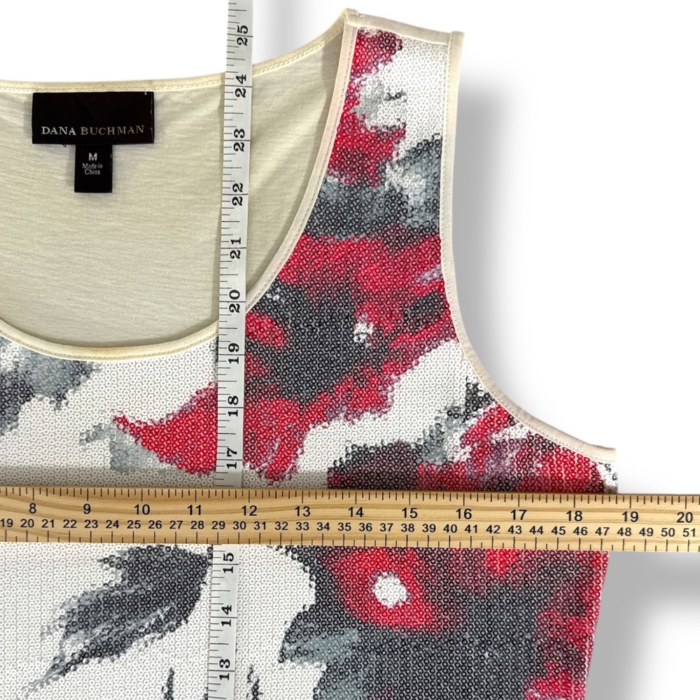 Dana Buchman Floral Sequin Tank Top Sleeveless Blouse Ivory Red Gray Medium EUC - Picture 6 of 8